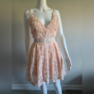 Chic  3 D Floral Lace Midi Dress in Soft Peach